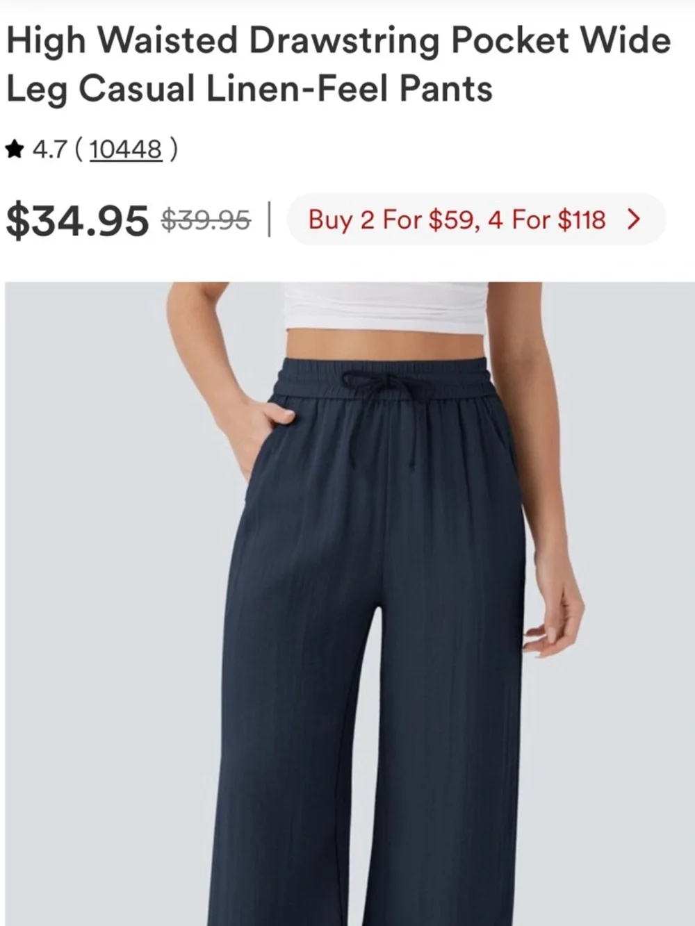 Halara High Waisted Drawstring Pocket Wide Leg Casual Linen-Feel Pants - Picture 3 of 3